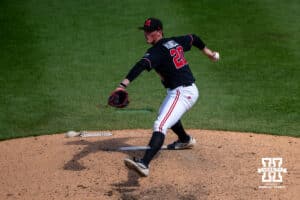 Nebraska Cornhusker Kevin Mannell (20) pitches during a regional baseball game against Arizona State on May 31, 2026, in Lincoln, Nebraska. Photo by Brandon Tiedemann.