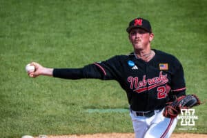 Nebraska Cornhusker Kevin Mannell (20) pitches during a regional baseball game against Arizona State on May 31, 2026, in Lincoln, Nebraska. Photo by Brandon Tiedemann.