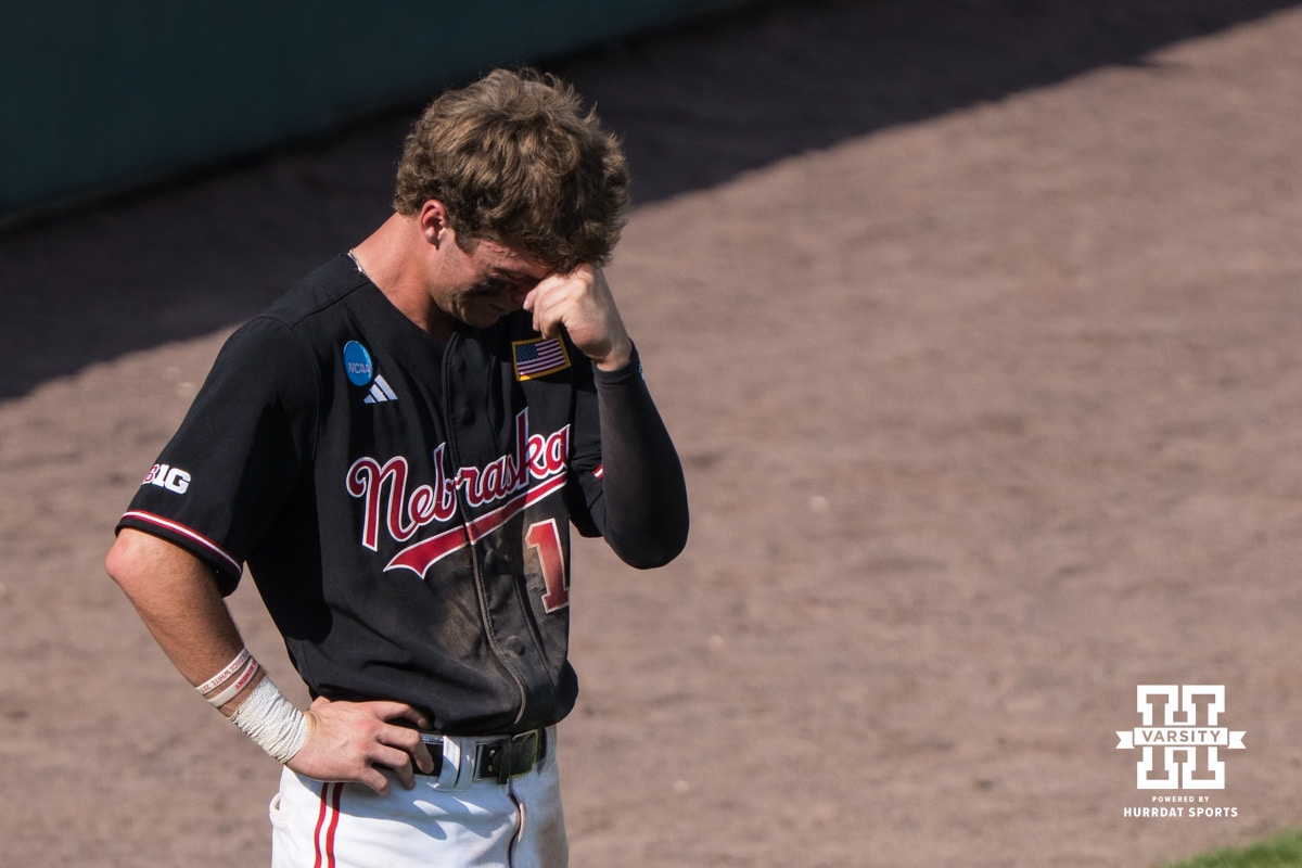 Nebraska Cornhusker Mac Moyer (17) is overcome with emotion during a regional baseball game against Arizona State on May 31, 2026, in Lincoln, Nebraska. Photo by Brandon Tiedemann.
