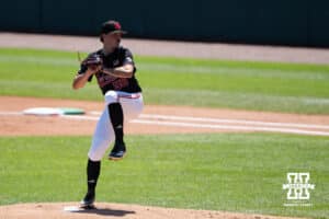 Nebraska Cornhusker Gavin Blachowicz (50) warms up during a regional baseball game against Arizona State on May 31, 2026, in Lincoln, Nebraska. Photo by Brandon Tiedemann.
