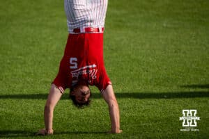 Nebraska Cornhusker Nico Newhan (5) stretches during a regional baseball game against Ole Miss on May 30, 2026, in Lincoln, Nebraska. Photo by Brandon Tiedemann.