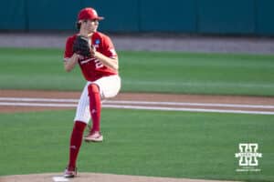 Nebraska Cornhusker Ty Horn (2) warms up during a regional baseball game against Ole Miss on May 30, 2026, in Lincoln, Nebraska. Photo by Brandon Tiedemann.