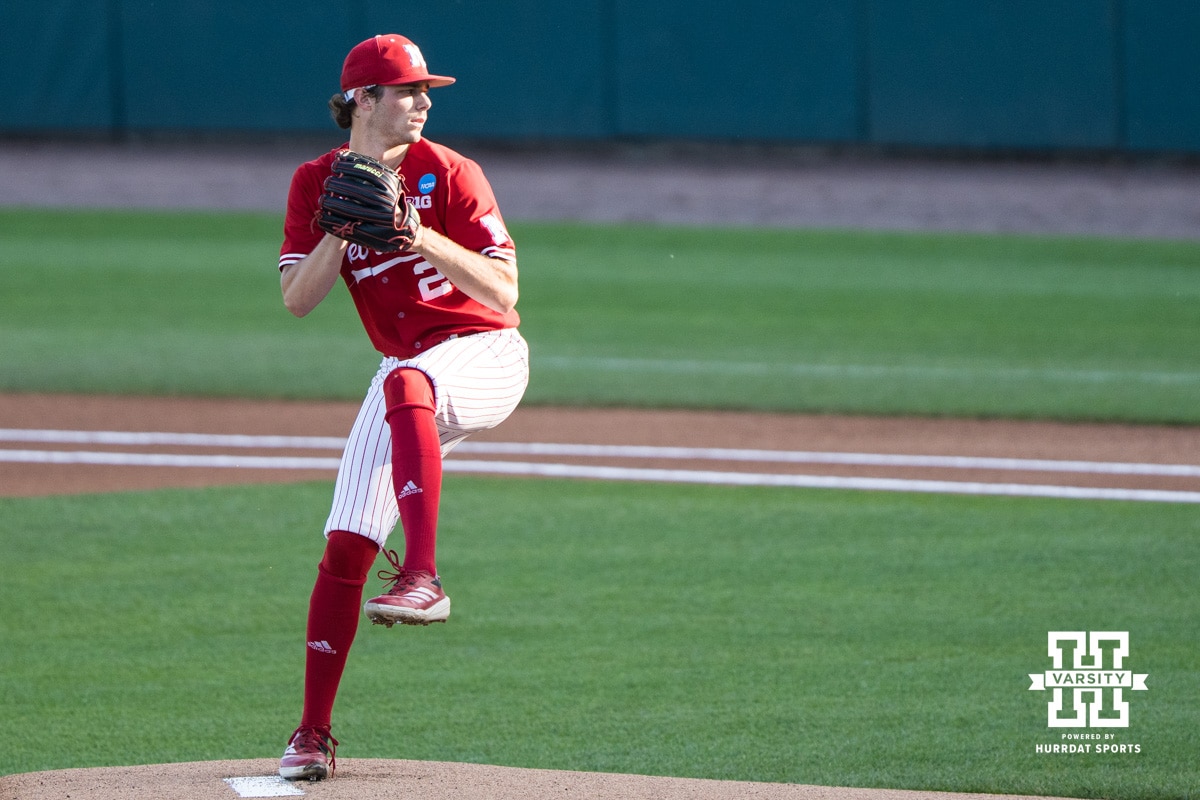 Nebraska Cornhusker Ty Horn (2) warms up during a regional baseball game against Ole Miss on May 30, 2026, in Lincoln, Nebraska. Photo by Brandon Tiedemann.