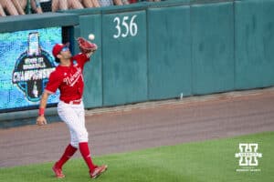 Nebraska Cornhusker Jett Buck (1) catches a fly ball during a regional baseball game against Ole Miss on May 30, 2026, in Lincoln, Nebraska. Photo by Brandon Tiedemann.