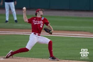 Nebraska Cornhusker Ty Horn (2) pitches during a regional baseball game against Ole Miss on May 30, 2026, in Lincoln, Nebraska. Photo by Brandon Tiedemann.