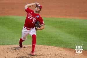 Nebraska Cornhusker Ty Horn (2) pitches during a regional baseball game against Ole Miss on May 30, 2026, in Lincoln, Nebraska. Photo by Brandon Tiedemann.