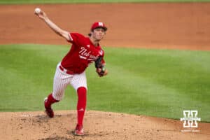 Nebraska Cornhusker Ty Horn (2) throws the ball during a regional baseball game against Ole Miss on May 30, 2026, in Lincoln, Nebraska. Photo by Brandon Tiedemann.
