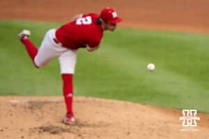 Nebraska Cornhusker Ty Horn (2) pitches during a regional baseball game against Ole Miss on May 30, 2026, in Lincoln, Nebraska. Photo by Brandon Tiedemann.