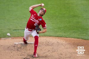 Nebraska Cornhusker Ty Horn (2) pitches during a regional baseball game against Ole Miss on May 30, 2026, in Lincoln, Nebraska. Photo by Brandon Tiedemann.