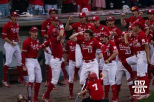 Nebraska Cornhusker Jett Buck (1) celebrate his home run during a regional baseball game against Ole Miss on May 30, 2026, in Lincoln, Nebraska. Photo by Brandon Tiedemann.