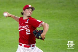 Nebraska Cornhusker Ty Horn (2) pitches during a regional baseball game against Ole Miss on May 30, 2026, in Lincoln, Nebraska. Photo by Brandon Tiedemann.