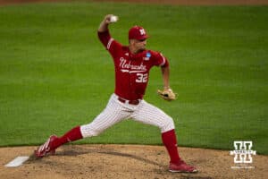 Nebraska Cornhusker Tucker Timmerman (32) pitches during a regional baseball game against Ole Miss on May 30, 2026, in Lincoln, Nebraska. Photo by Brandon Tiedemann.