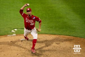 Nebraska Cornhusker Tucker Timmerman (32) pitches during a regional baseball game against Ole Miss on May 30, 2026, in Lincoln, Nebraska. Photo by Brandon Tiedemann.