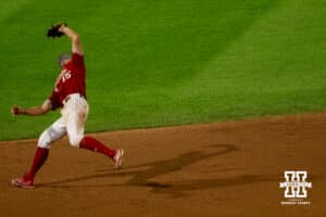 Nebraska Cornhusker Dylan Carey (15) catches a fly ball during a regional baseball game against Ole Miss on May 30, 2026, in Lincoln, Nebraska. Photo by Brandon Tiedemann.