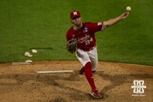 Nebraska Cornhusker Caleb Clark (24) pitches during a regional baseball game against Ole Miss on May 30, 2026, in Lincoln, Nebraska. Photo by Brandon Tiedemann.