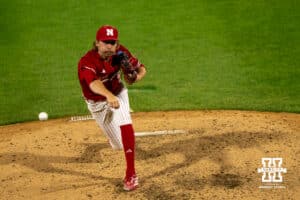 Nebraska Cornhusker Pryce Bender (6) pitches during a regional baseball game against Ole Miss on May 30, 2026, in Lincoln, Nebraska. Photo by Brandon Tiedemann.