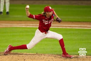 Nebraska Cornhusker Pryce Bender (6) pitches during a regional baseball game against Ole Miss on May 30, 2026, in Lincoln, Nebraska. Photo by Brandon Tiedemann.