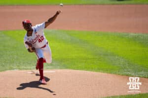 Nebraska Cornhusker Jalen Worthley (42) pitches during a regional baseball game against Ole Miss on May 31, 2026, in Lincoln, Nebraska. Photo by Brandon Tiedemann.