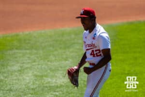 Nebraska Cornhusker Jalen Worthley (42) celebrates during a regional baseball game against Ole Miss on May 31, 2026, in Lincoln, Nebraska. Photo by Brandon Tiedemann.