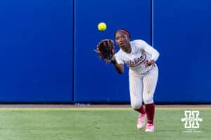 Alabama Crimson Tide outfielder Kristen White (3) makes the last out of the game against the Nebraska Cornhuskers in the seventh inning during the WCWS second round on Saturday, May 30, 2026, in Oklahoma City. Photo by John S. Peterson.