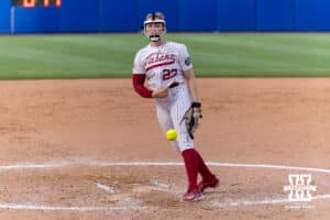 Nebraska Cornhusker outfielder Hannah Coor (23) throws a pitch against the Nebraska Cornhuskers in the seventh inning during the WCWS second round on Saturday, May 30, 2026, in Oklahoma City. Photo by John S. Peterson.