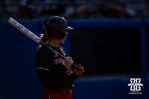 Nebraska Cornhusker starting pitcher/relief pitcher Jordy Frahm (98) waiting to bat against the Alabama Crimson Tide in the third inning during the WCWS second round on Saturday, May 30, 2026, in Oklahoma City. Photo by John S. Peterson.