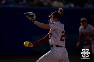 Alabama Crimson Tide starting pitcher Jocelyn Briski (23) throws a pitch against the Nebraska Cornhuskers in the third inning during the WCWS second round on Saturday, May 30, 2026, in Oklahoma City. Photo by John S. Peterson.