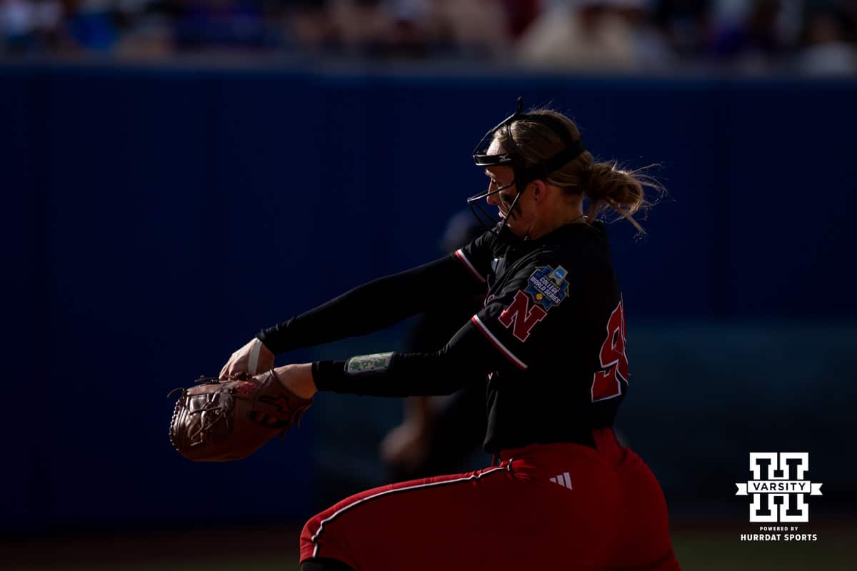 Nebraska Cornhusker starting pitcher/relief pitcher Jordy Frahm (98) throws a pitch against the Alabama Crimson Tide in the second inning during the WCWS second round on Saturday, May 30, 2026, in Oklahoma City. Photo by John S. Peterson.