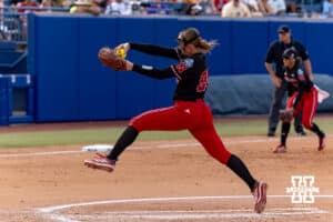 Nebraska Cornhusker starting pitcher Jordy Frahm (98) during the WCWS second round on Saturday, May 30, 2026, in Oklahoma City. Photo by John S. Peterson.