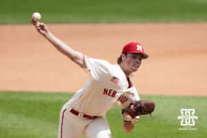 Nebraska Cornhusker Carson Jasa (39) pitches during a regional baseball game against SDSU on May 29, 2026, in Lincoln, Nebraska. Photo by Brandon Tiedemann.