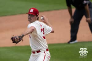 Nebraska Cornhusker Carson Jasa (39) winds up during a regional baseball game against SDSU on May 29, 2026, in Lincoln, Nebraska. Photo by Brandon Tiedemann.