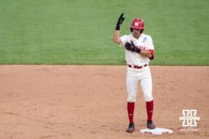 Nebraska Cornhusker Jett Buck (1) celebrates during a regional baseball game against SDSU on May 29, 2026, in Lincoln, Nebraska. Photo by Brandon Tiedemann.
