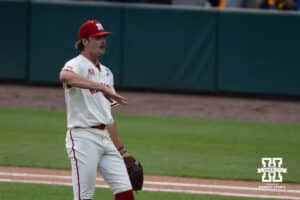 Nebraska Cornhusker Carson Jasa (39) celebrates a strikeout during a regional baseball game against SDSU on May 29, 2026, in Lincoln, Nebraska. Photo by Brandon Tiedemann.