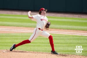 Nebraska Cornhusker Carson Jasa (39) pitches during a regional baseball game against SDSU on May 29, 2026, in Lincoln, Nebraska. Photo by Brandon Tiedemann.