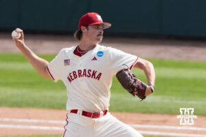Nebraska Cornhusker Carson Jasa (39) winds up to pitch during a regional baseball game against SDSU on May 29, 2026, in Lincoln, Nebraska. Photo by Brandon Tiedemann.