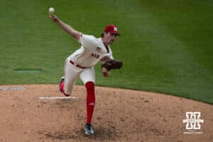Nebraska Cornhusker Carson Jasa (39) pitches during a regional baseball game against SDSU on May 29, 2026, in Lincoln, Nebraska. Photo by Brandon Tiedemann.