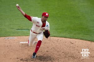 Nebraska Cornhusker J'Shawn Unger (37) warms up during a regional baseball game against SDSU on May 29, 2026, in Lincoln, Nebraska. Photo by Brandon Tiedemann.