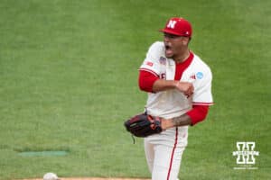 Nebraska Cornhusker J'Shawn Unger (37) cheers after a strikeout during a regional baseball game against SDSU on May 29, 2026, in Lincoln, Nebraska. Photo by Brandon Tiedemann.
