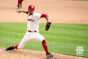 Nebraska Cornhusker J'Shawn Unger (37) pitches during a regional baseball game against SDSU on May 29, 2026, in Lincoln, Nebraska. Photo by Brandon Tiedemann.