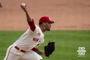 Nebraska Cornhusker J'Shawn Unger (37) pitches during a regional baseball game against SDSU on May 29, 2026, in Lincoln, Nebraska. Photo by Brandon Tiedemann.