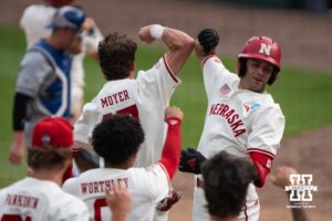 Nebraska Cornhusker Jett Buck (1) celebrates during a regional baseball game against SDSU on May 29, 2026, in Lincoln, Nebraska. Photo by Brandon Tiedemann.