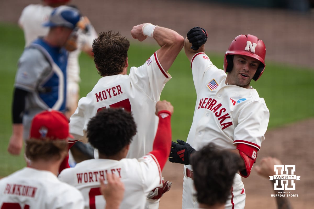 Nebraska Cornhusker Jett Buck (1) celebrates during a regional baseball game against SDSU on May 29, 2026, in Lincoln, Nebraska. Photo by Brandon Tiedemann.