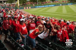 Nebraska Cornhusker Dylan Carey (15) family smiles during a regional baseball game against SDSU on May 29, 2026, in Lincoln, Nebraska. Photo by Brandon Tiedemann.