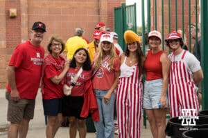Nebraska Cornhusker fans pose for a photo during a regional baseball game against SDSU on May 29, 2026, in Lincoln, Nebraska. Photo by Brandon Tiedemann.