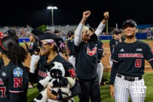 Nebraska Cornhusker head coach Rhonda Revelle celebrates the walk-off win over the Arkansas Razorbacks during the first game of the WCWS on Thursday, May 28, 2026, in Oklahoma City. Photo by John S. Peterson.