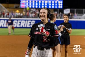 Nebraska Cornhusker outfielder Hannah Coor (23) answers questions after the win against the Arkansas Razorbacks during the first game of the WCWS on Thursday, May 28, 2026, in Oklahoma City. Photo by John S. Peterson.