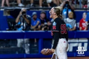 Nebraska Cornhusker pitcher Jordy Frahm (98) celebrates getting the last out in the ninth inning during the WCWS first round on Thursday, May 28, 2026, in Oklahoma City. Photo by John S. Peterson.