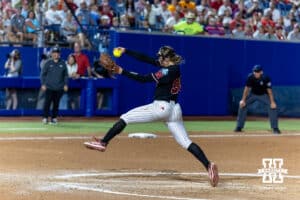 Nebraska Cornhusker pitcher Jordy Frahm (98) throws a pitch against the Arkansas Razorbacks in the seventh inning during the WCWS first round on Thursday, May 28, 2026, in Oklahoma City. Photo by John S. Peterson.