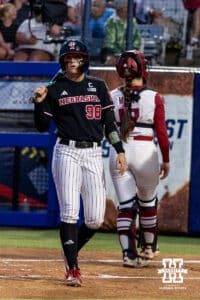Nebraska Cornhusker Jordy Frahm (98) up to bat in the first inning against the Arkansas Razorbacks during the WCWS first round on Thursday, May 28, 2026, in Oklahoma City. Photo by John S. Peterson.