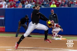 Nebraska Cornhusker starting pitcher Jordy Frahm (98) throws a pitch against the Arkansas Razorbacks in the first inning during the WCWS first round on Thursday, May 28, 2026, in Oklahoma City. Photo by John S. Peterson.